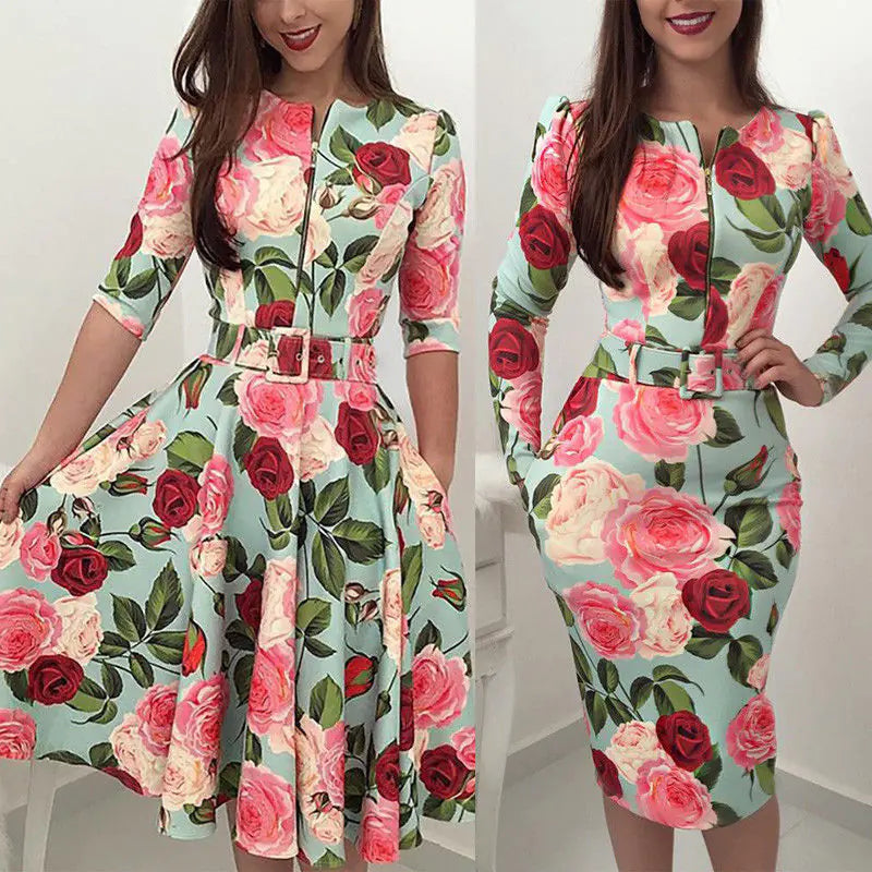 Woman wearing a floral dress with a white background