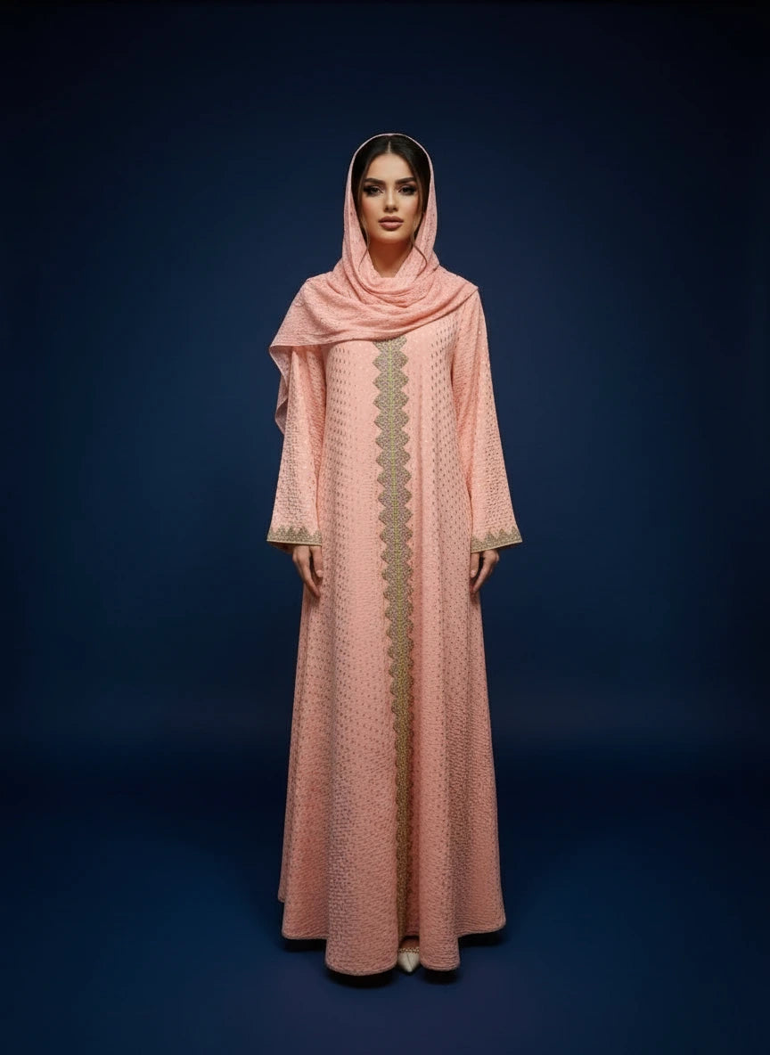 Peach-colored dress with gold embroidery on a mannequin against a white paneled wall.