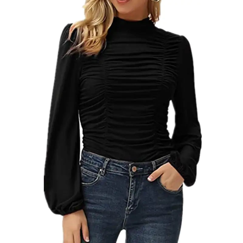 Solid Color Long Sleeve High Neck T-shirt for Women