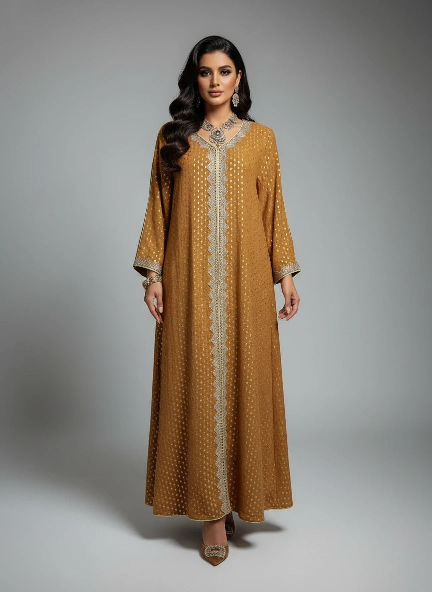 Mustard yellow dress with intricate detailing on a mannequin against a white paneled wall.