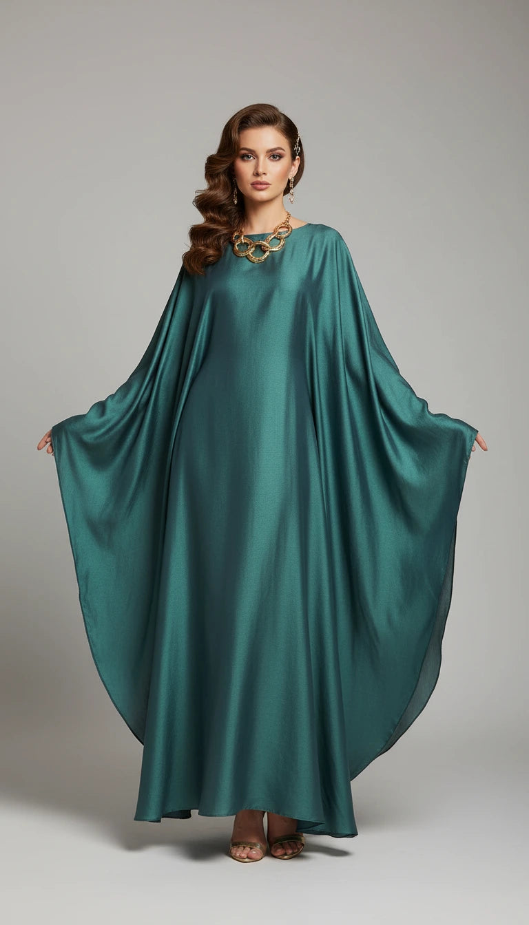 Green dress on a mannequin against a white curtain background