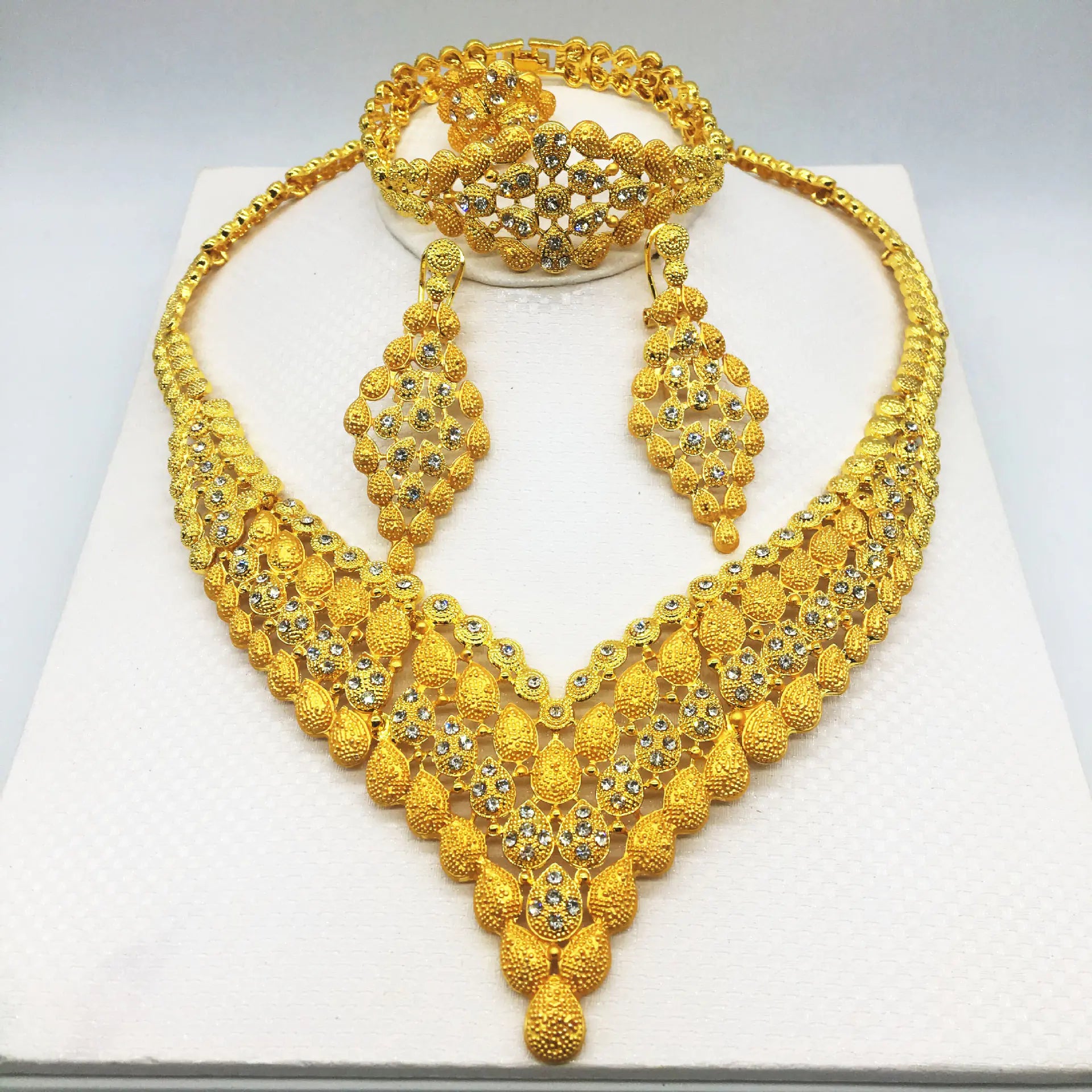 24K Gold-Plated Jewelry Set: Necklace, Bracelet, Ring, Earrings