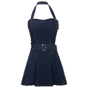 Off Shoulder Halter Neck Sleeveless Denim Mini Dress