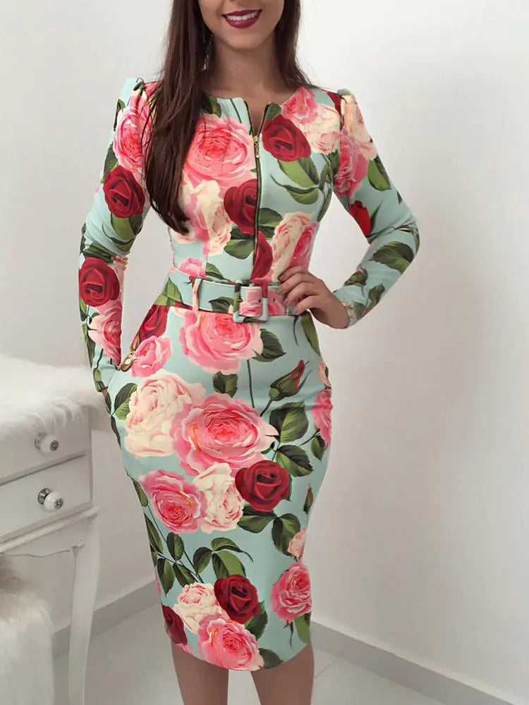 Floral Fitted Midi Dress with Elegant Design