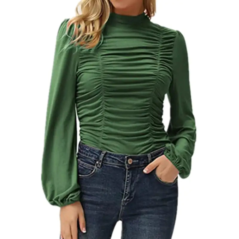 Solid Color Long Sleeve High Neck T-shirt for Women