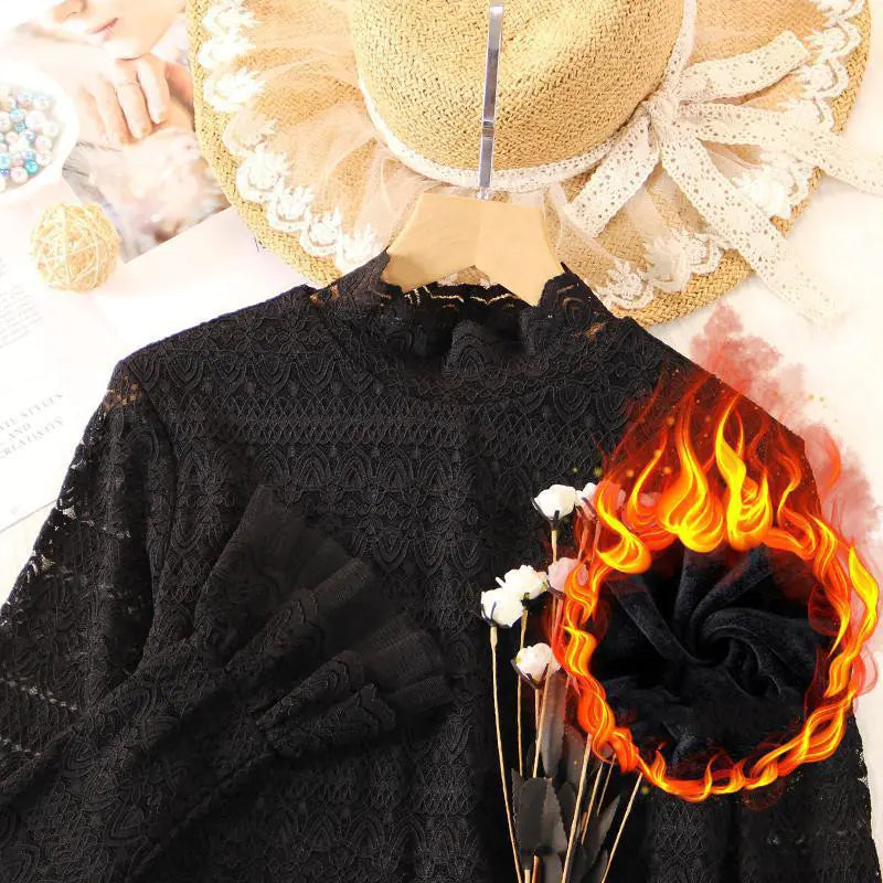 High Neck Lace Bottoming Shirt with Velvet Mesh for Women