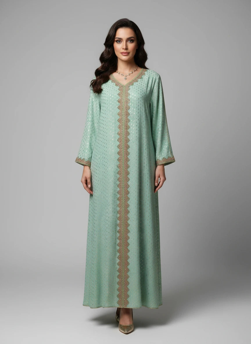 Green dress with gold embroidery on a mannequin against a white paneled wall.