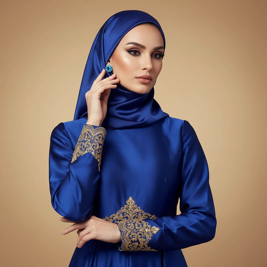 Woman wearing a blue dress with gold embroidery on a beige background