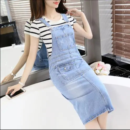 Plus Size Denim Overall Dress for Women (Mid-Length)
