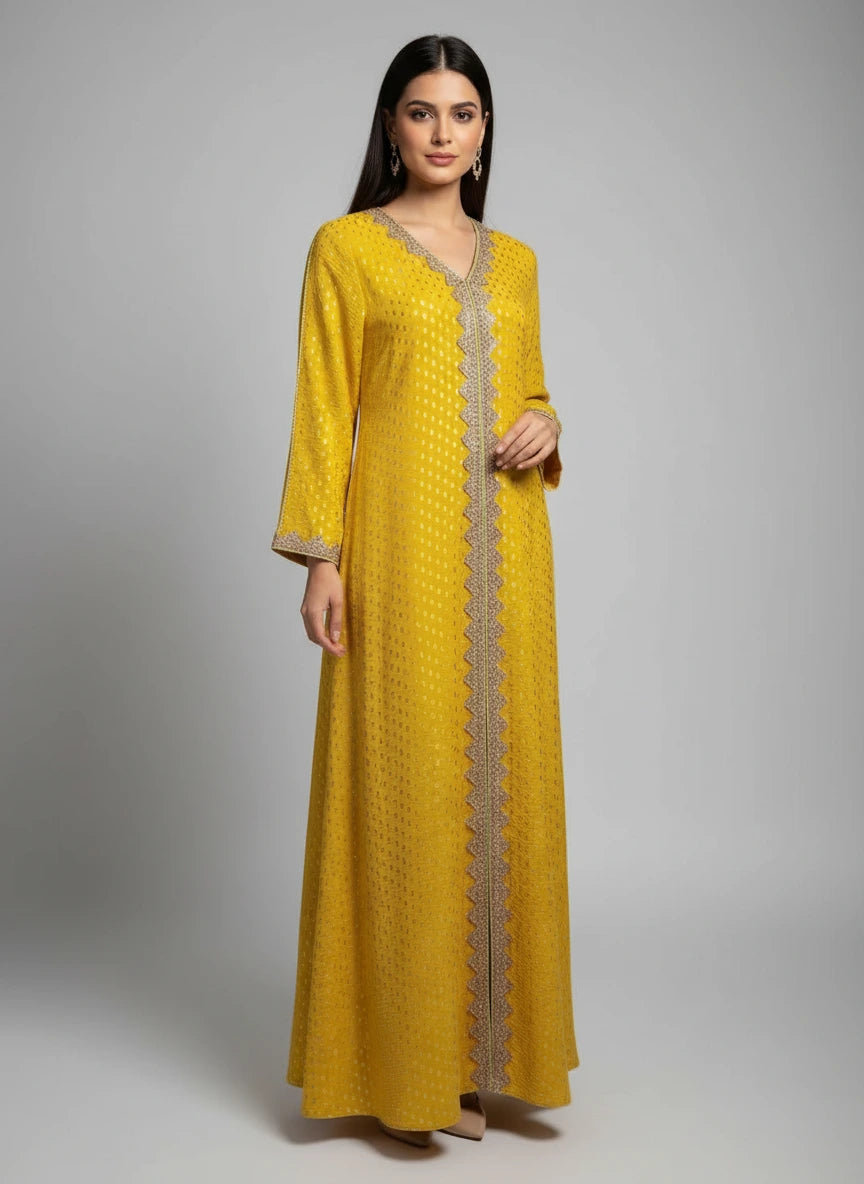 Yellow dress with intricate detailing on a mannequin against a white paneled wall.