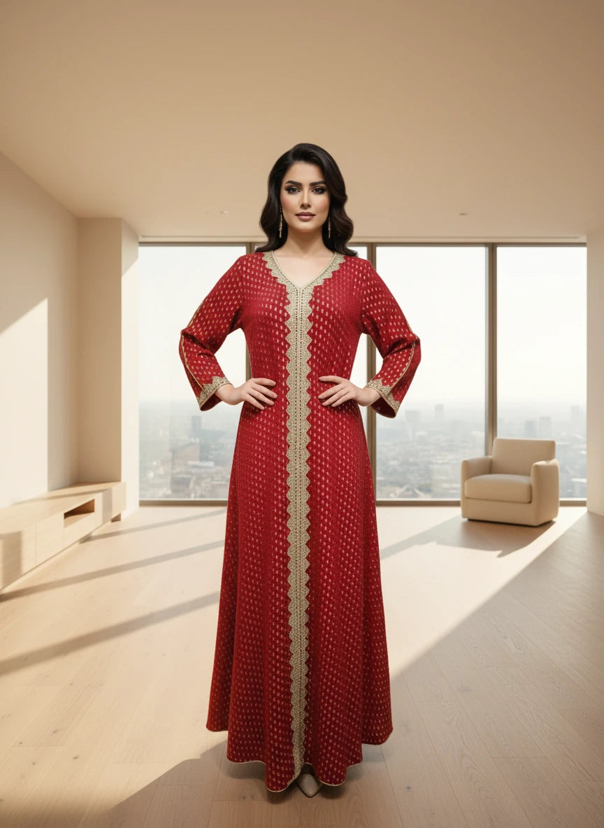 Red dress with gold detailing on a mannequin against a white paneled wall.