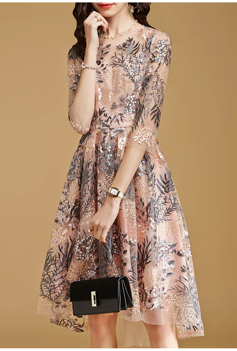 Embroidered Mid-Length Lace Mesh Dress