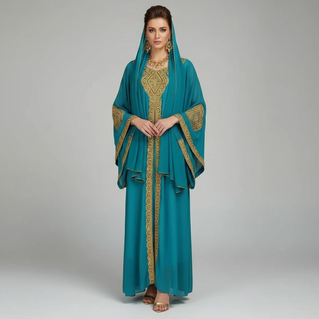 Teal dress with gold embroidery on a mannequin against a dark background