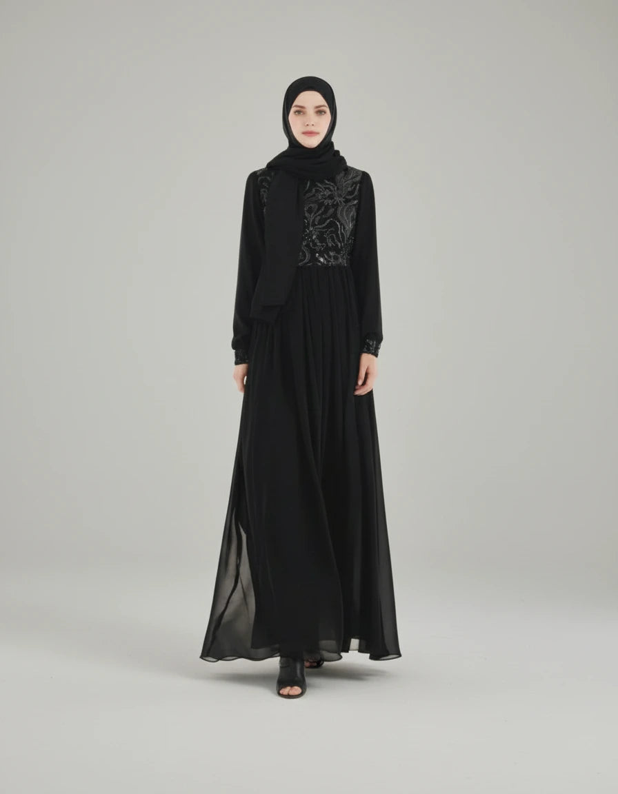 Black dress with floral embroidery on a white background