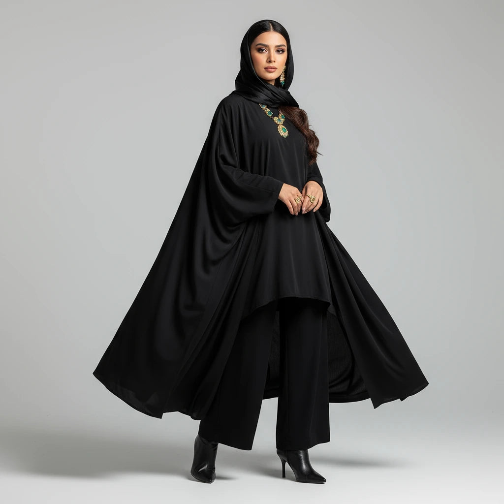 Woman wearing a black outfit with a scarf on a gray background