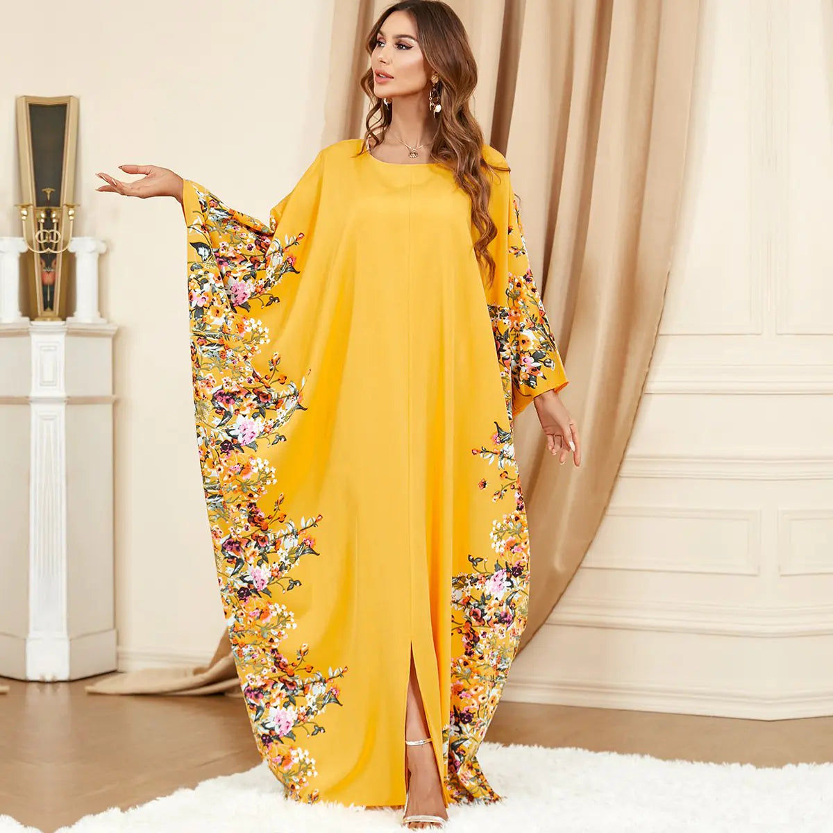 Plus Size Yellow Bat Sleeve Dress for Middle East Muslim