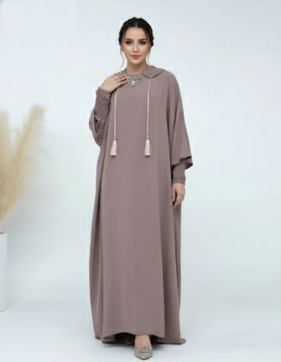 Brown abaya with hood shown from front and back on a white background