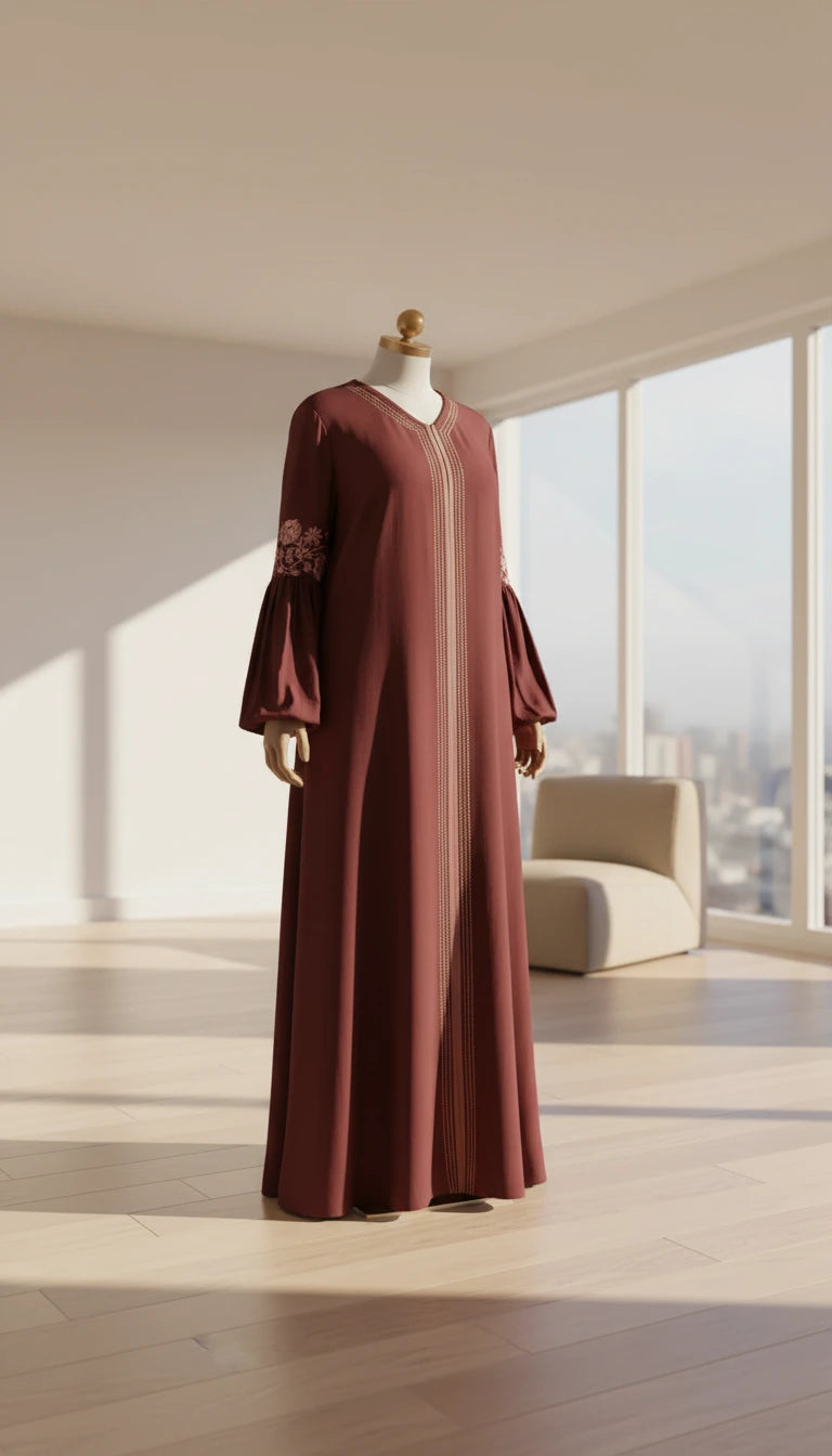 Brown dress on a mannequin in a bright room with large windows.