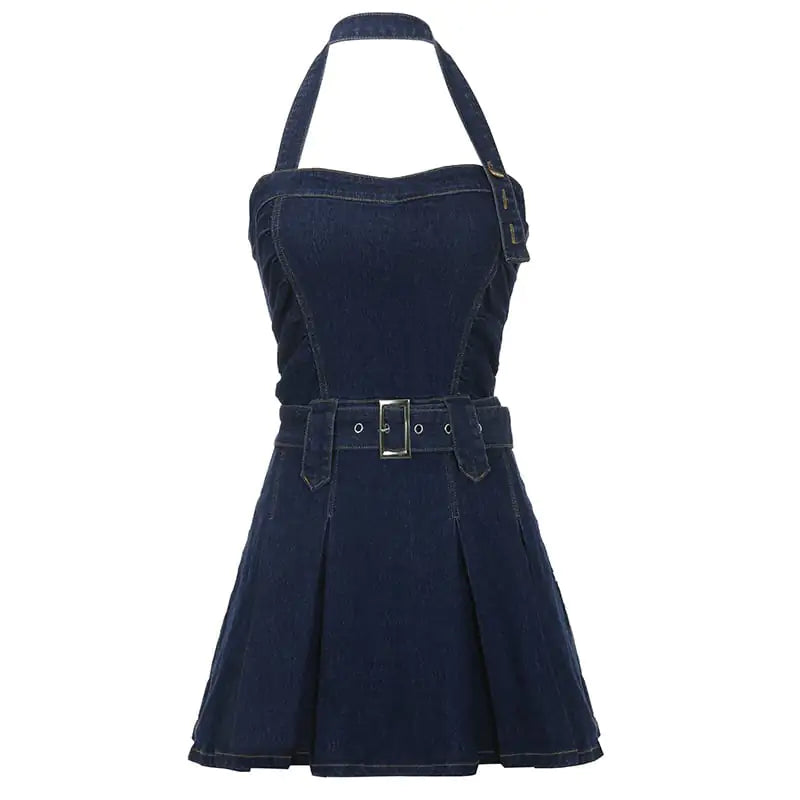Off Shoulder Halter Neck Sleeveless Denim Mini Dress