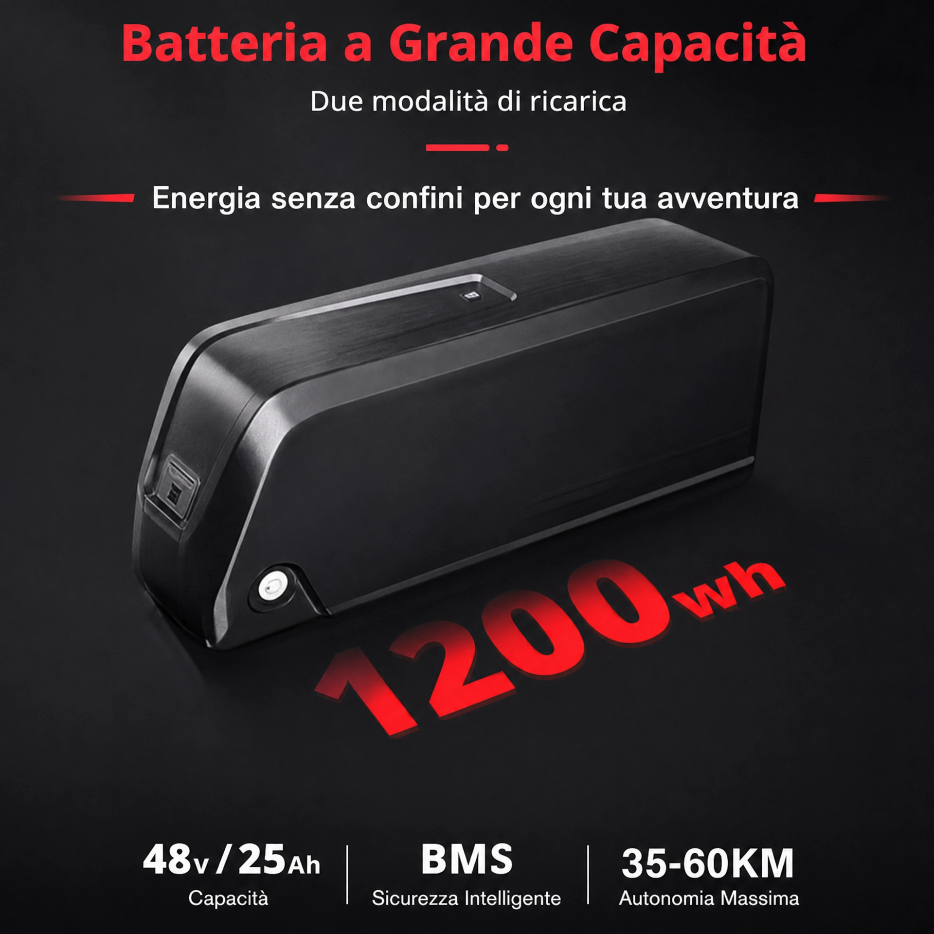 Batteria 48V 25Ah 1200Wh agli ioni di litio con BMS per bici elettrica, autonomia 35-60 km