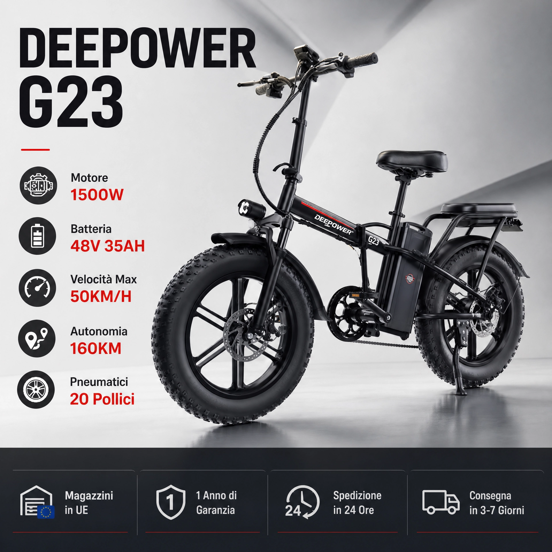 Bici elettrica DEEPOWER G23 1500W fat bike pieghevole nera