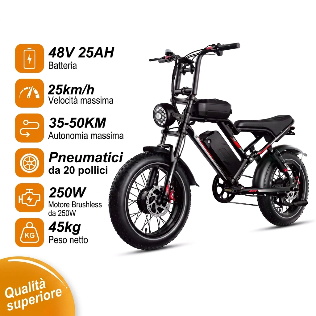 Scheda tecnica HiQiS S8: batteria 48V 25Ah, 25 km/h, autonomia 35-50 km, motore 250W