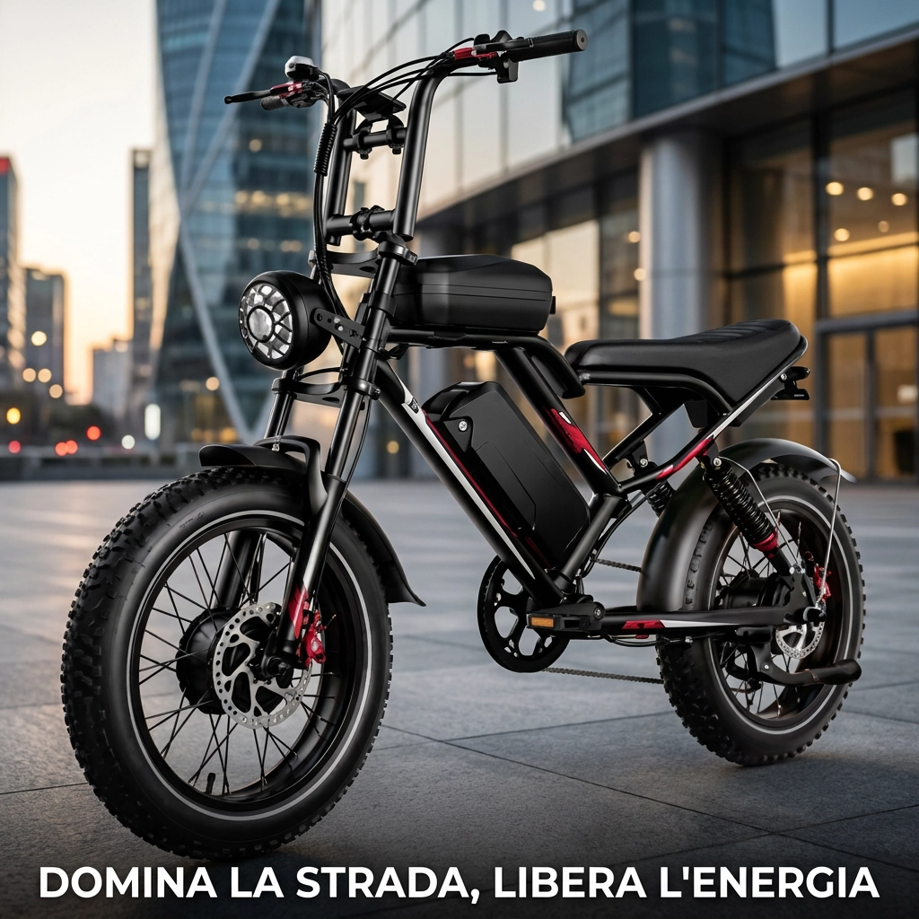Bici elettrica fat bike HiQiS S8 nera parcheggiata in città