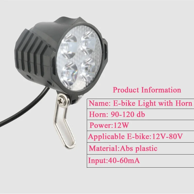 Electric Bicycle Light/ebike Light 12W 36V 48V with Horn Switch Waterproof Flashlight - immagine 5